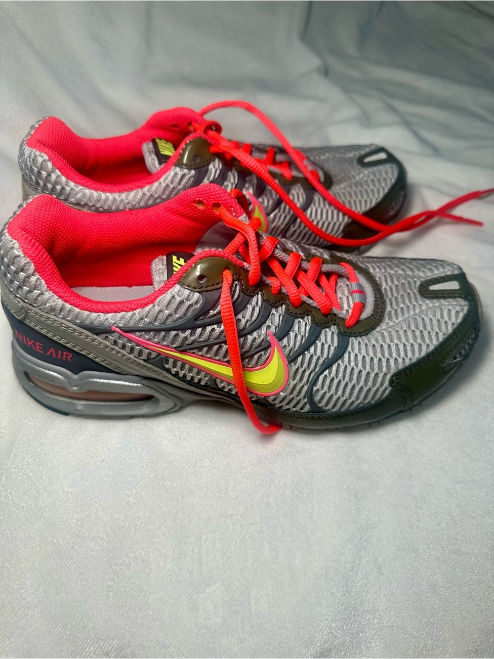 Nike Gray Athletic Shoes with Neon Pink and Yellow Swoosh